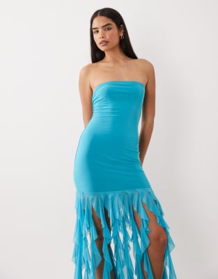 Exclusivité - - Robe bandeau longue en tulle texturé avec ourlet volanté - Turquoise-Bleu 38