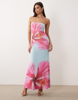 Exclusivité - - Robe bandeau longue près du corps en tulle à ourlet sirène - Aigue-marine à fleurs roses-multicolore 44