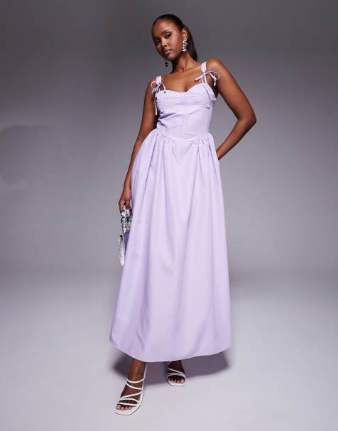 Exclusivité - Kaiia - Robe corset longue en popeline avec jupe froncée et bretelles nouées - Lilas - view 1