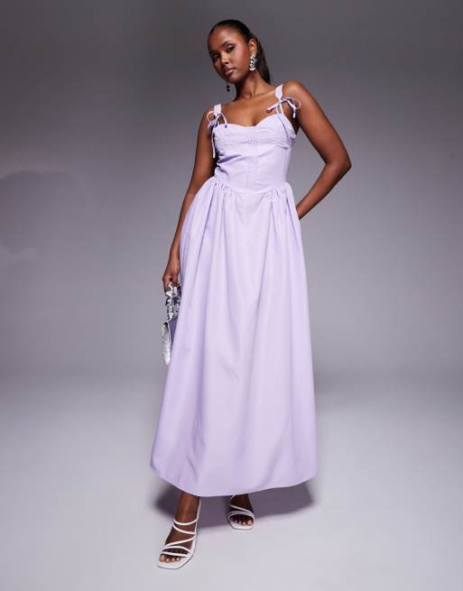 Exclusivité - Kaiia - Robe corset longue en popeline avec jupe froncée et bretelles nouées - Lilas 