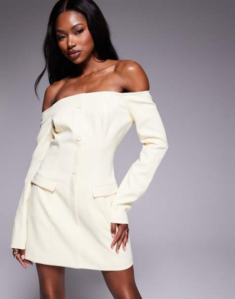 Exclusivité - Kaiia - Robe courte ajustée et boutonnée avec encolure Bardot et détails poches - Citron - view 1