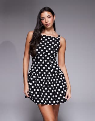 Exclusivité - - Robe courte boutonnée avec encolure carrée montante et jupe froncée - Noir à pois blancs-Multicolore 40