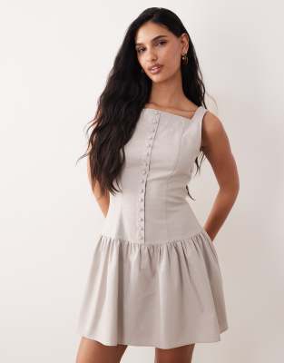 Exclusivité - - Robe courte boutonnée en lin mélangé avec encolure carrée - Gris 40
