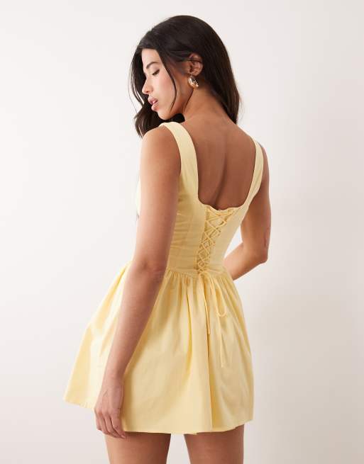 Exclusivité - Kaiia - Robe courte boutonnée en popeline de coton avec encolure carrée et laçage dans le dos - Jaune, 4 de 4