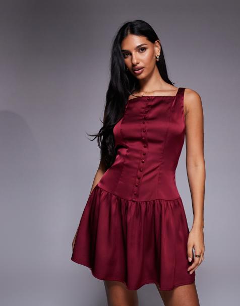 Exclusivité - Kaiia - Robe courte boutonnée en satin à encolure carrée montante - Bordeaux - view 1