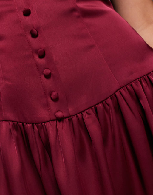 Exclusivité - Kaiia - Robe courte boutonnée en satin à encolure carrée montante - Bordeaux, 3 de 4