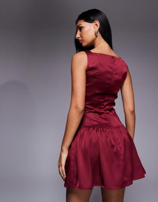 Exclusivité - Kaiia - Robe courte boutonnée en satin à encolure carrée montante - Bordeaux, 4 de 4