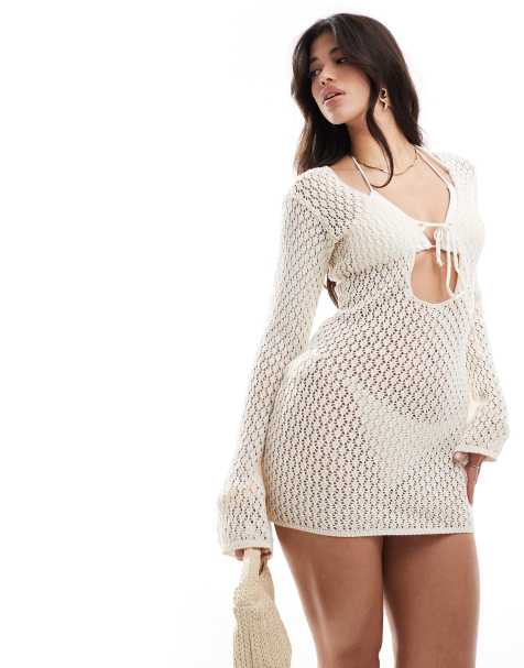 Exclusivité - Kaiia - Robe courte de plage nouée à l'avant au crochet - Crème - view 1