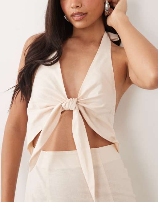 Exclusivité - Kaiia - Robe courte en lin mélangé avec découpes et liens devant - Beige, 4 de 4