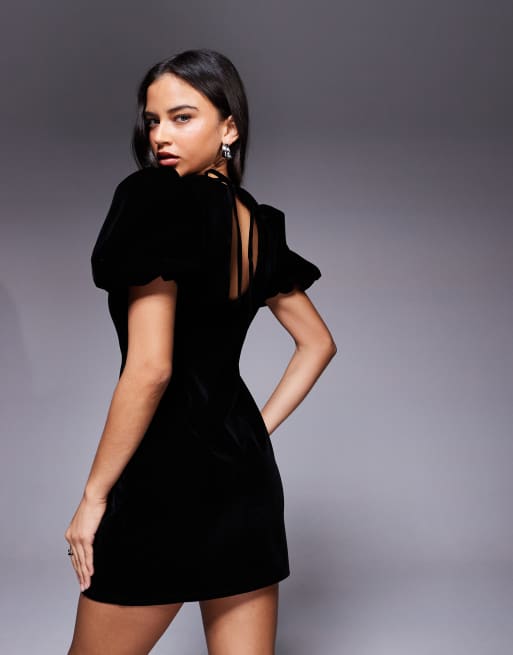 Exclusivité - Kaiia - Robe courte en velours avec manches bouffantes et dos ouvert à détail noué - Noir, 3 de 4