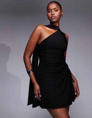 Exclusivité - Kaiia - Robe courte patineuse une épaule à double couche soyeuse avec détail foulard - Noir-Multicolore