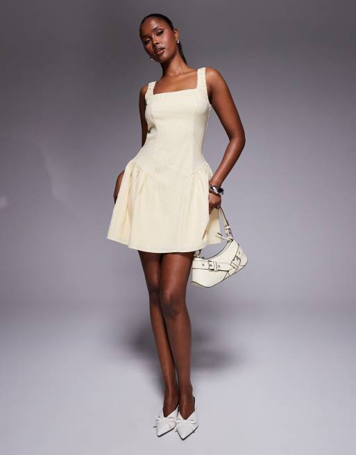 Exclusivité - Kaiia - Robe courte plissée à la taille bordée de dentelle et à encolure carrée - Jaune vichy , 2 de 4