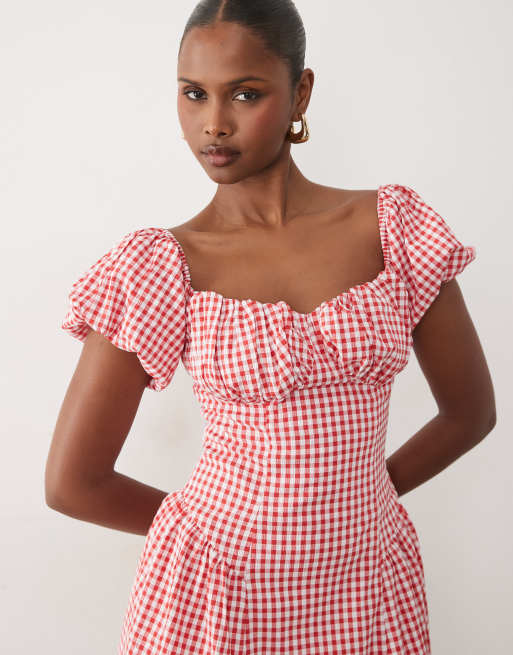 Exclusivité - Kaiia - Robe courte tendance folk plissée sur les hanches en coton à manches bouffantes - Vichy rouge, 2 de 4