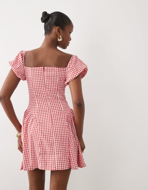 Exclusivité - Kaiia - Robe courte tendance folk plissée sur les hanches en coton à manches bouffantes - Vichy rouge, 4 de 4