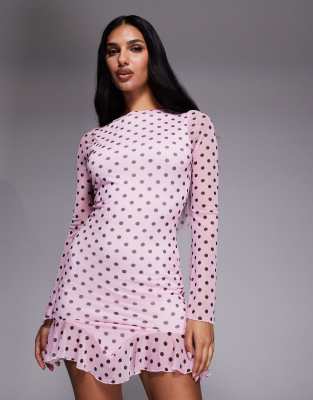 Exclusivité - - Robe dos nu courte et près du corps à pois avec manches longues et ourlet volanté - Rose à pois noirs-Multicolore 32