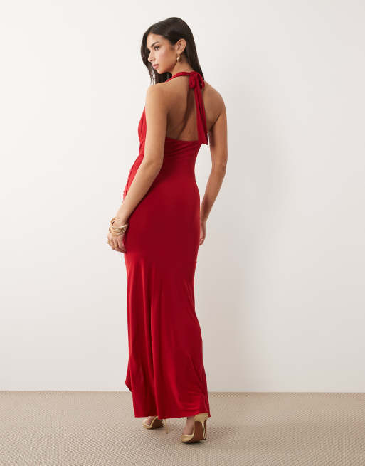 Exclusivité - Kaiia - Robe double épaisseur coupe longue près du corps à col bénitier et taille drapée - Rouge, 2 de 4