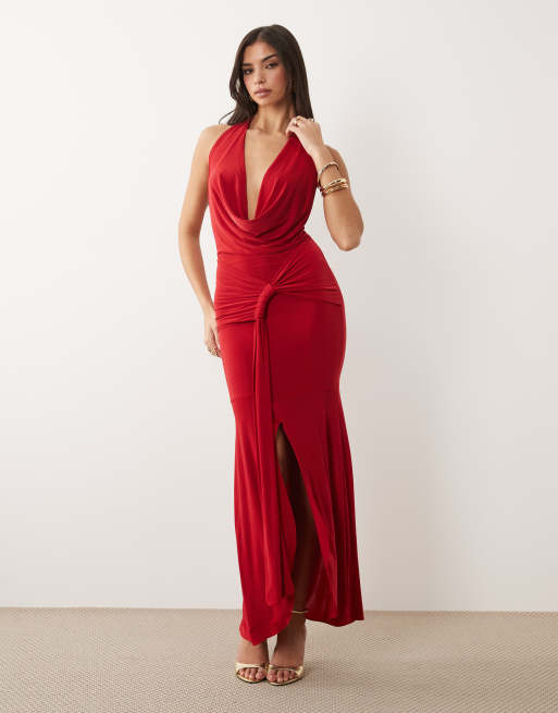 Exclusivité - Kaiia - Robe double épaisseur coupe longue près du corps à col bénitier et taille drapée - Rouge, 3 de 4
