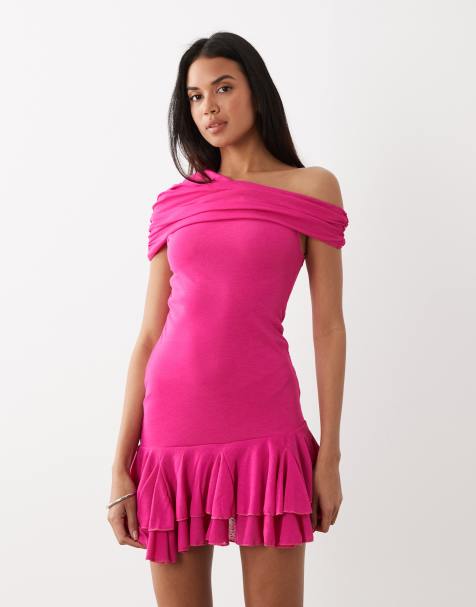 Exclusivité - Kaiia - Robe drapée en tulle texturé à ourlet asymétrique et épaules dénudées - Rose vif - view 1