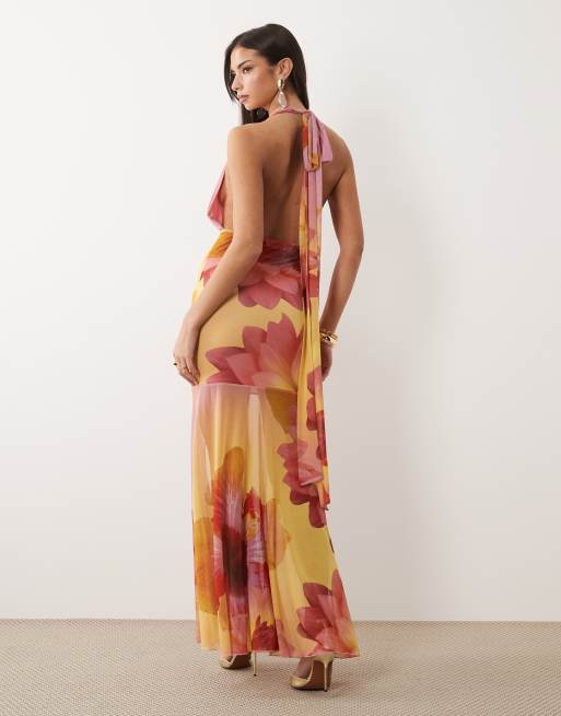Exclusivité - Kaiia - Robe longue à fleurs avec décolleté plongeant et détail ras de cou - Rose et jaune citron, 2 de 4