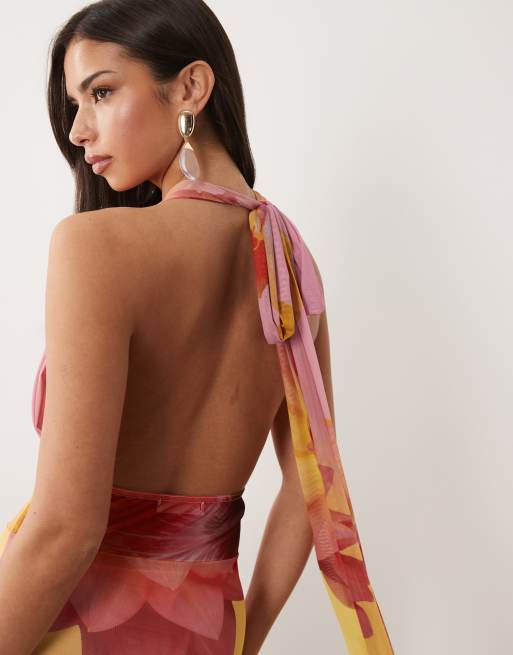 Exclusivité - Kaiia - Robe longue à fleurs avec décolleté plongeant et détail ras de cou - Rose et jaune citron, 3 de 4