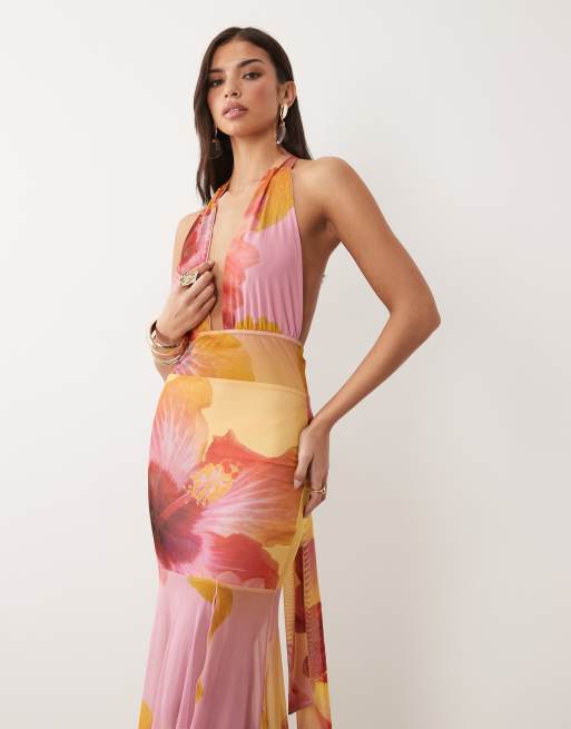 Exclusivité - Kaiia - Robe longue à fleurs avec décolleté plongeant et détail ras de cou - Rose et jaune citron, 4 de 4