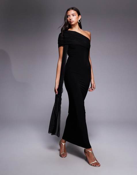 Exclusivité - Kaiia - Robe longue asymétrique et près du corps en tissu double épaisseur avec détail drapé - Noir - view 1