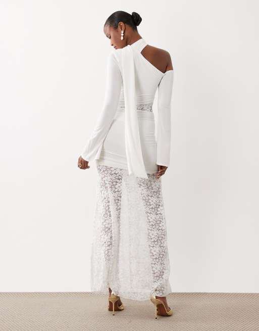 Exclusivité - Kaiia - Robe longue asymétrique près du corps avec détails en dentelle - Crème, 4 de 4