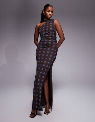Exclusivité - Kaiia - Robe longue asymétrique près du corps en tulle double épaisseur avec foulard - Marron à pois bleus-Multicolore