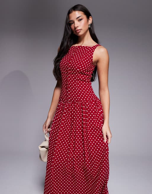 Exclusivité - Kaiia - Robe longue boutonnée à encolure carrée et taille basse - Rouge à pois blancs, 4 de 4