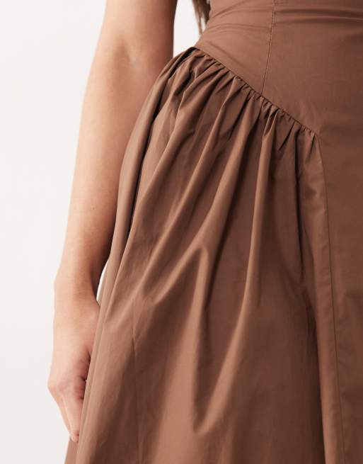 Exclusivité - Kaiia - Robe longue dos nageur en popeline de coton froncée à la taille - Marron, 3 de 4