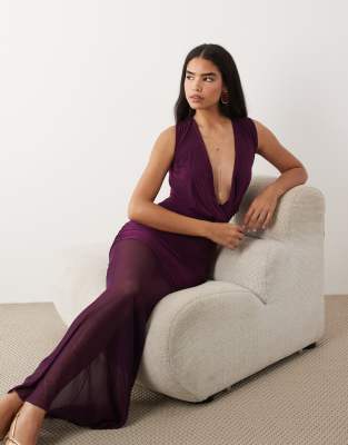 Exclusivité - - Robe longue double épaisseur près du corps avec ourlet transparent et col bénitier plongeant - Prune-Violet 36