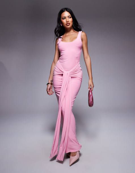 Exclusivité - Kaiia - Robe longue double épaisseur près du corps nouée devant avec encolure dégagée et détail drapé - Rose - view 1