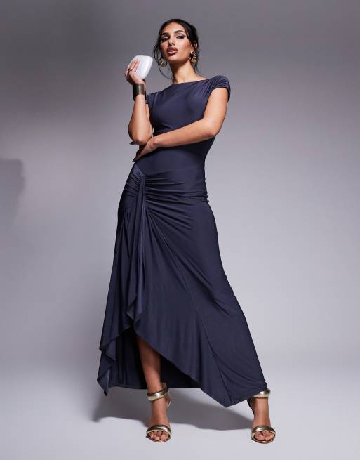 Exclusivité - Kaiia - Robe longue effet drapé avec fente latérale et mancherons - Anthracite 