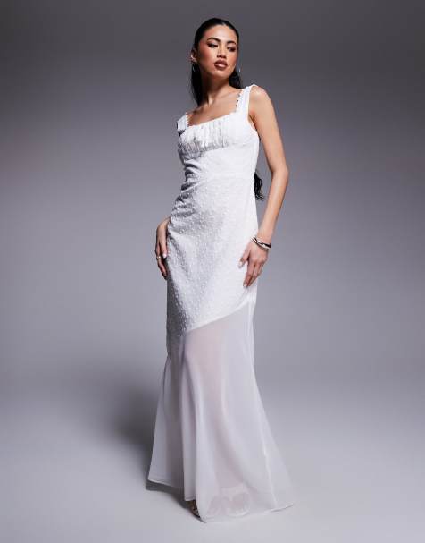 Exclusivité - Kaiia - Robe longue en coton à broderie anglaise nouée sur le buste avec ourlet transparent asymétrique - Blanc - view 1