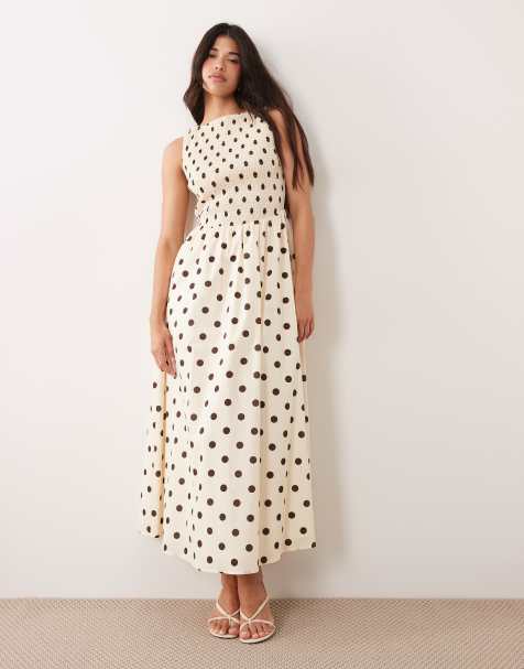 Exclusivité - Kaiia - Robe longue en coton à pois avec encolure bateau et corsage froncé - Citron et marron - view 1