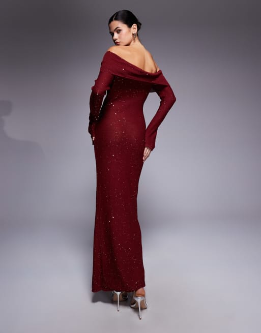 Exclusivité - Kaiia - Robe longue en maille à manches longues et épaules dénudées ornée de sequins - Bordeaux, 2 de 4
