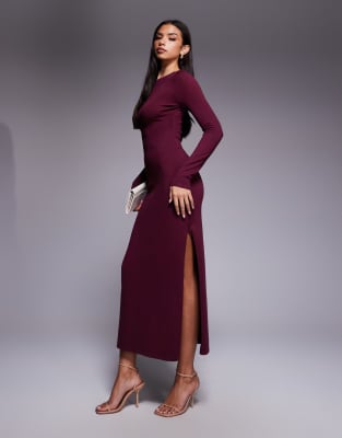 Exclusivité - - Robe longue en maille avec manches longues et encolure bateau - Bordeaux-Rouge S