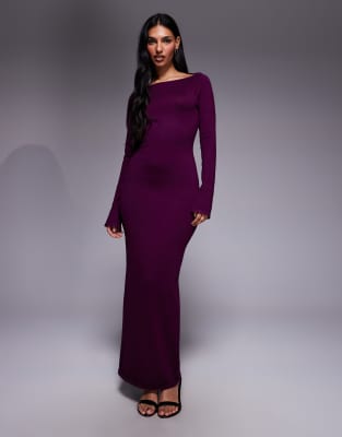 Exclusivité - - Robe longue en maille fine avec manches longues et col bénitier noué au dos - Prune-Violet 38