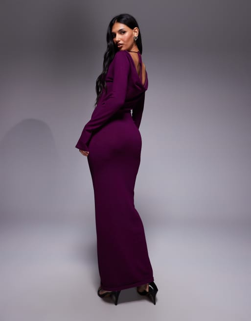 Exclusivité - Kaiia - Robe longue en maille fine avec manches longues et col bénitier noué au dos - Prune, 3 de 4