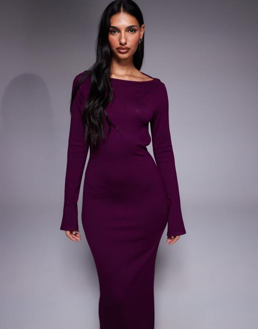 Exclusivité - Kaiia - Robe longue en maille fine avec manches longues et col bénitier noué au dos - Prune, 4 de 4