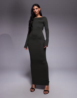 Exclusivité - Kaiia - Robe longue en maille fine avec manches longues et dos bénitier à détail dos - Kaki-Vert