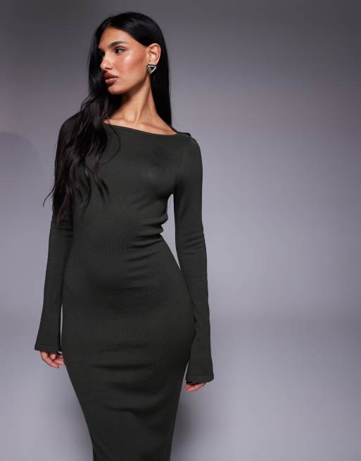 Exclusivité - Kaiia - Robe longue en maille fine avec manches longues et dos bénitier à détail dos - Kaki, 4 de 4