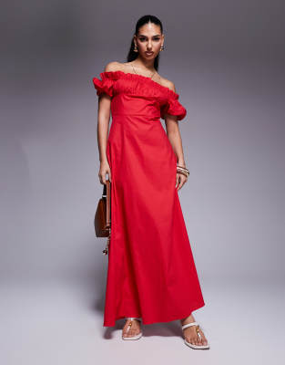 Exclusivité - Kaiia - Robe longue en popeline avec manches bouffantes et encolure bardot - Rouge