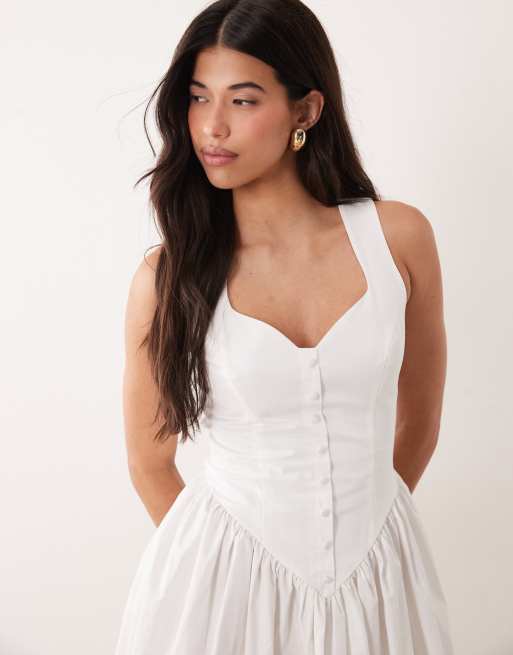 Exclusivité - Kaiia - Robe longue en popeline de coton à détails boutonnés avec décolleté en cœur et taille basse en V - Blanc, 2 de 4