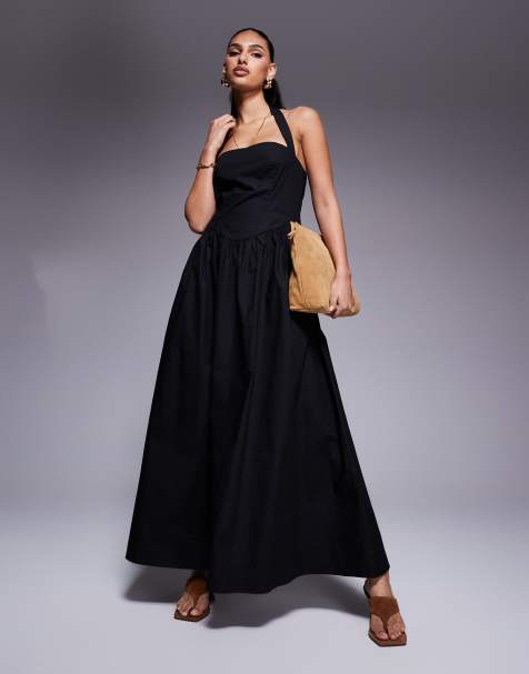 Exclusivité - Kaiia - Robe longue en popeline riche en coton avec dos nu et encolure carrée - Noir - view 1