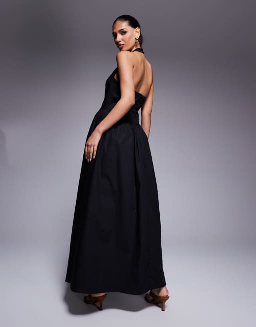 Exclusivité - Kaiia - Robe longue en popeline riche en coton avec dos nu et encolure carrée - Noir  , 3 de 4