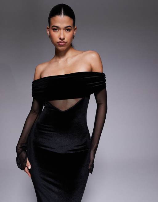 Exclusivité - Kaiia - Robe longue en velours à encolure Bardot repliée et manches transparentes - Noir, 3 de 4