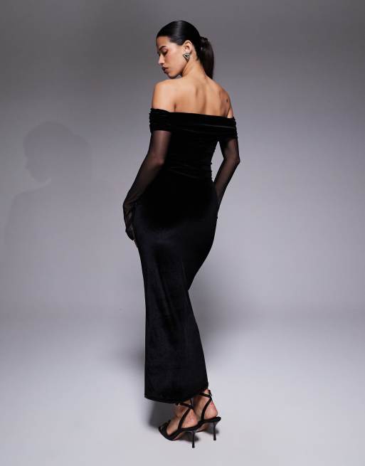 Exclusivité - Kaiia - Robe longue en velours à encolure Bardot repliée et manches transparentes - Noir, 4 de 4