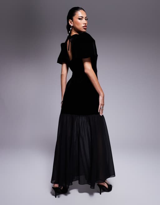 Exclusivité - Kaiia - Robe longue en velours à ourlet plongeant, manches bouffantes et dos ouvert - Noir, 2 de 4