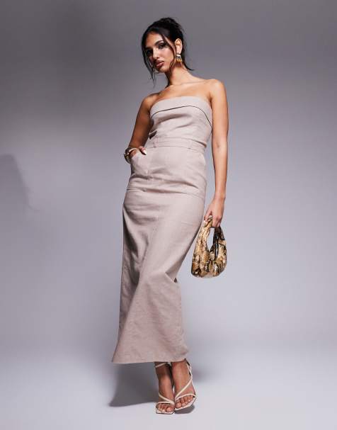 Exclusivité - Kaiia - Robe longue et ajustée en lin avec fente au dos et encolure bandeau rabattue - Taupe - view 1